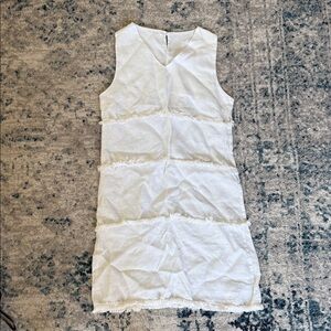 White Linen Sleeveless Fringe Shift Dress